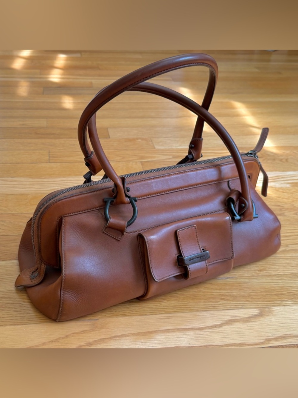 RARE| Salvatore Ferragamo Leather & Wood Gancini Boston Baguette Bag
